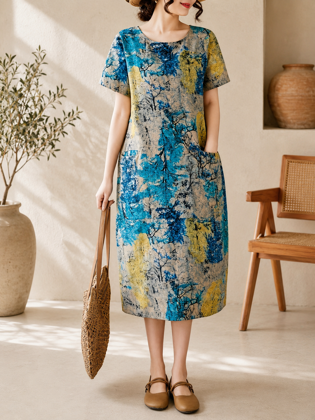 Robe ample, élégante et confortable à col rond avec poches