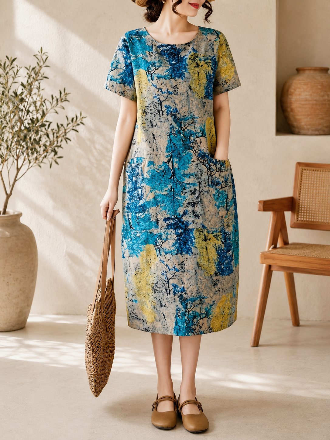 Robe ample, élégante et confortable à col rond avec poches