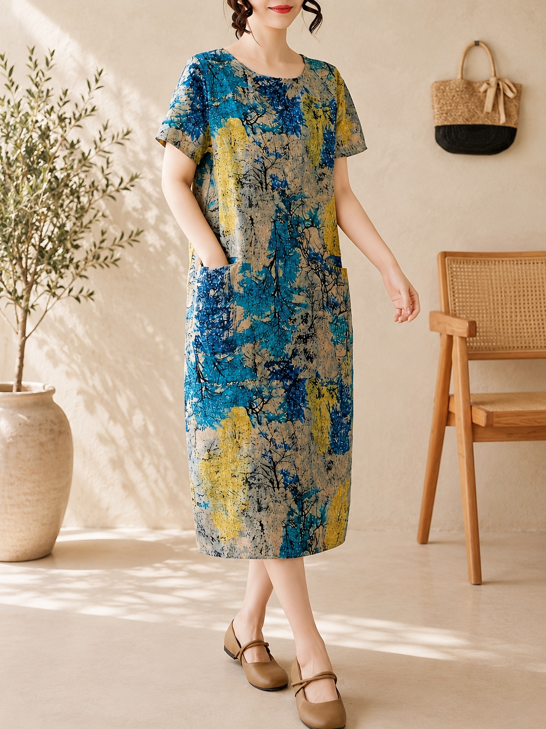 Robe ample, élégante et confortable à col rond avec poches