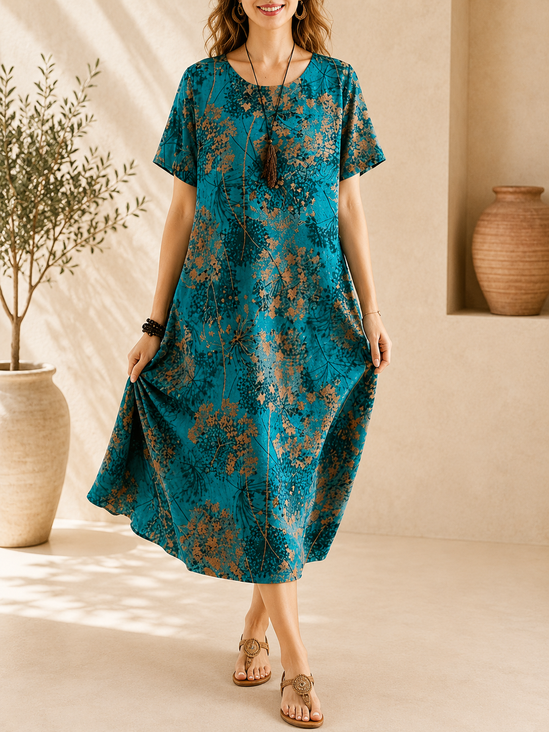 Robe ample, élégante et confortable à col rond avec poches