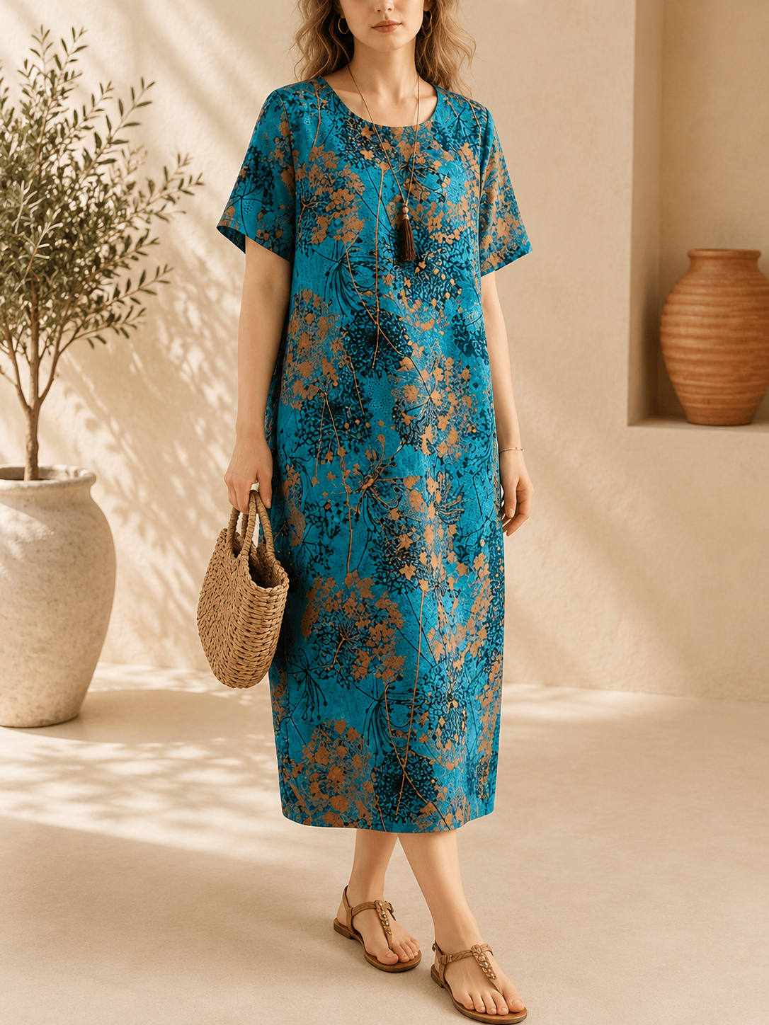 Robe ample, élégante et confortable à col rond avec poches