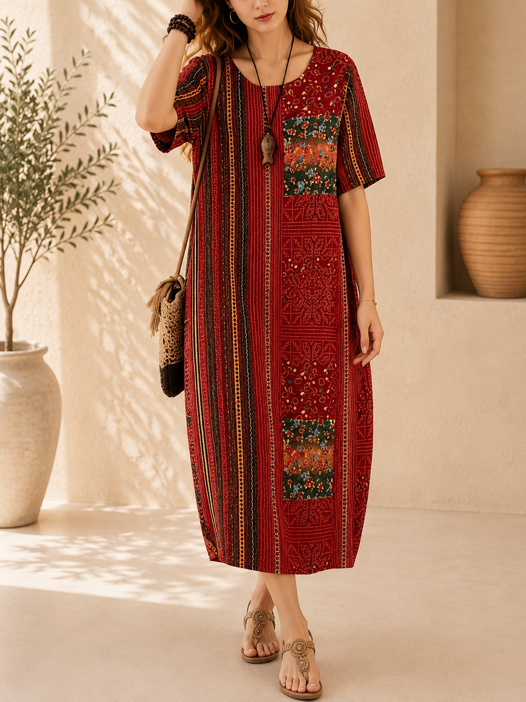 Robe ample, élégante et confortable à col rond avec poches