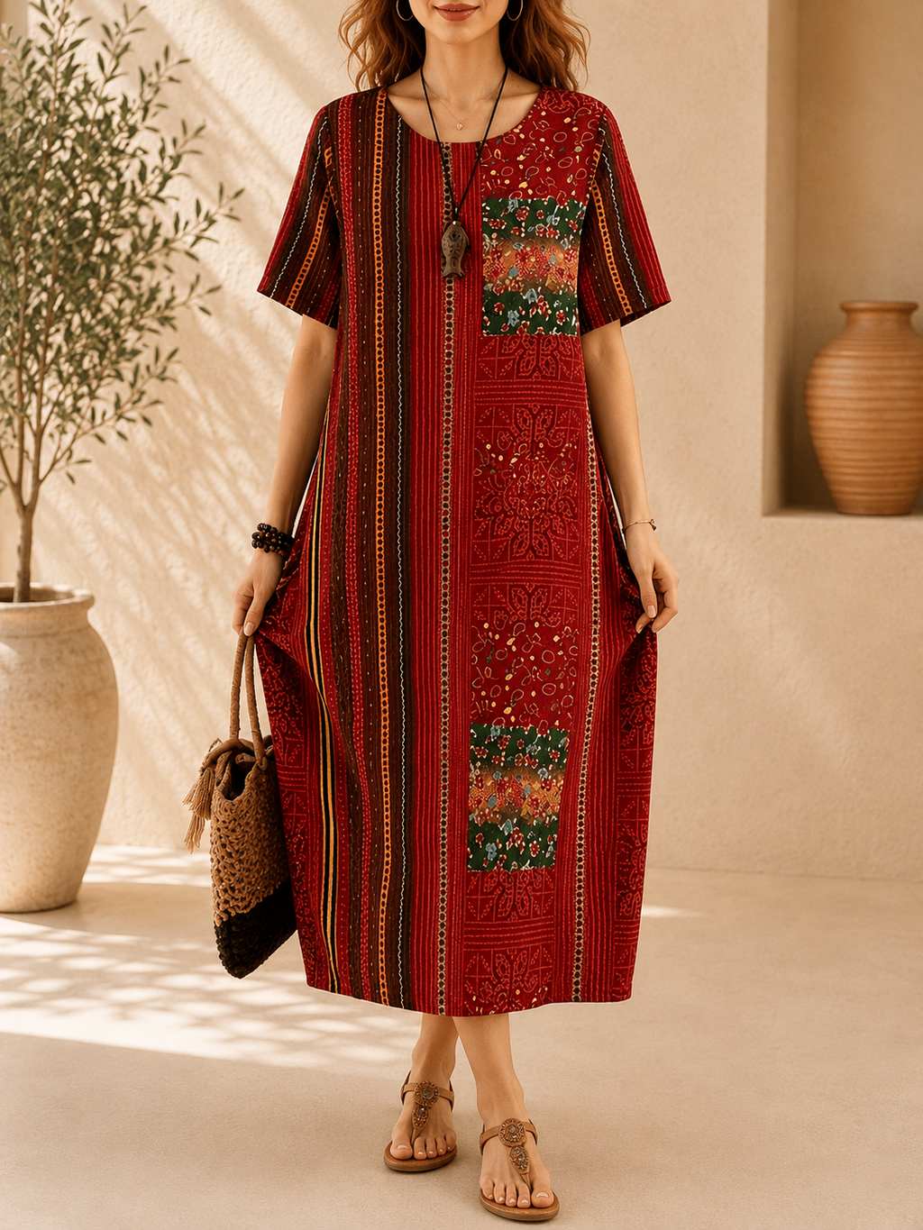 Robe ample, élégante et confortable à col rond avec poches