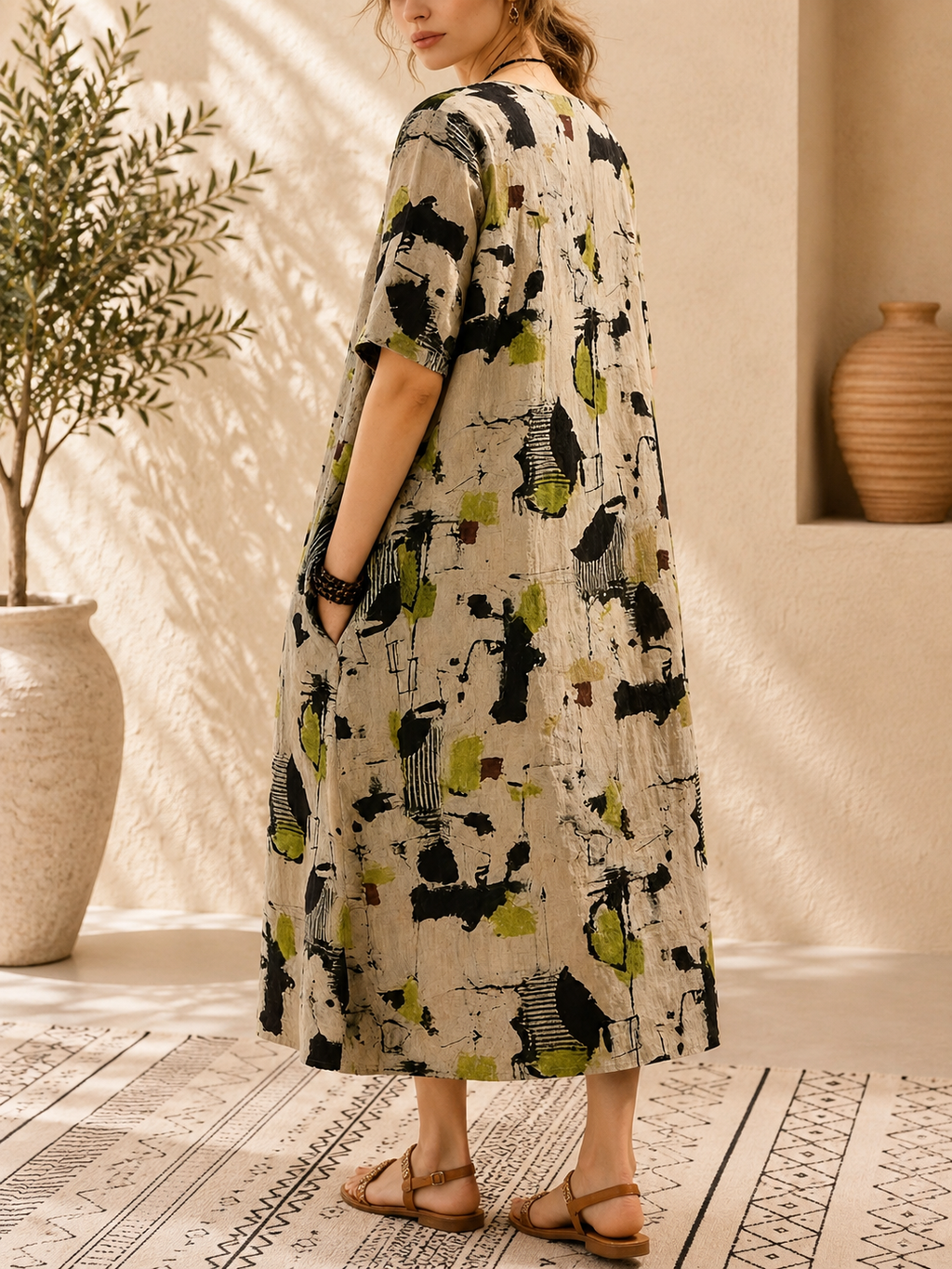 Robe ample, élégante et confortable à col rond avec poches