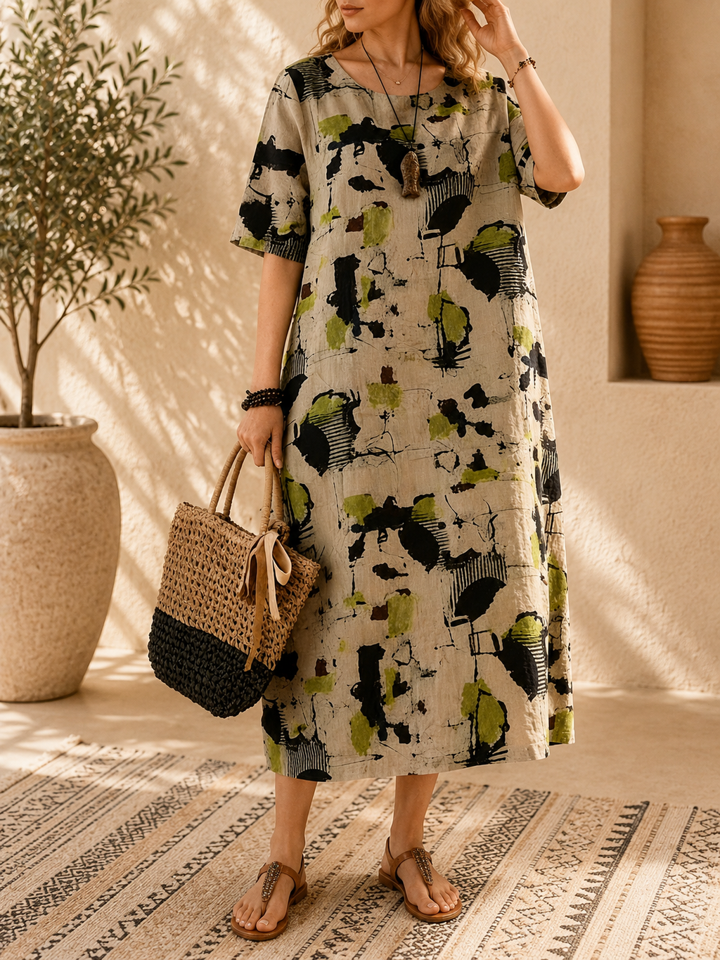 Robe ample, élégante et confortable à col rond avec poches