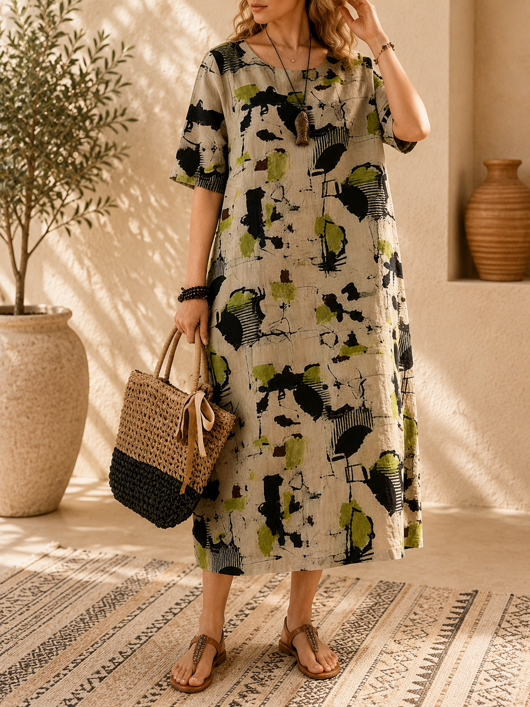 Robe ample, élégante et confortable à col rond avec poches