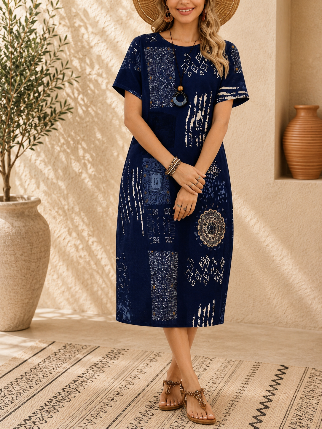 Robe ample, élégante et confortable à col rond avec poches