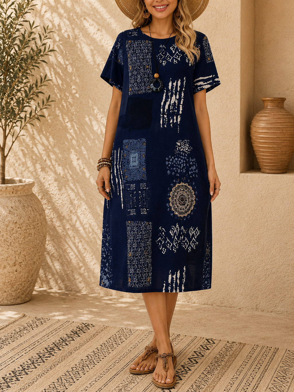 Robe ample, élégante et confortable à col rond avec poches