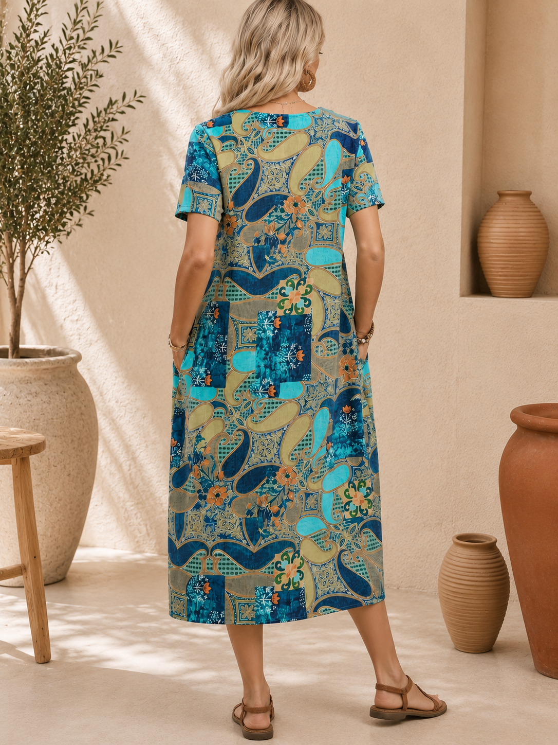 Robe ample, élégante et confortable à col rond avec poches
