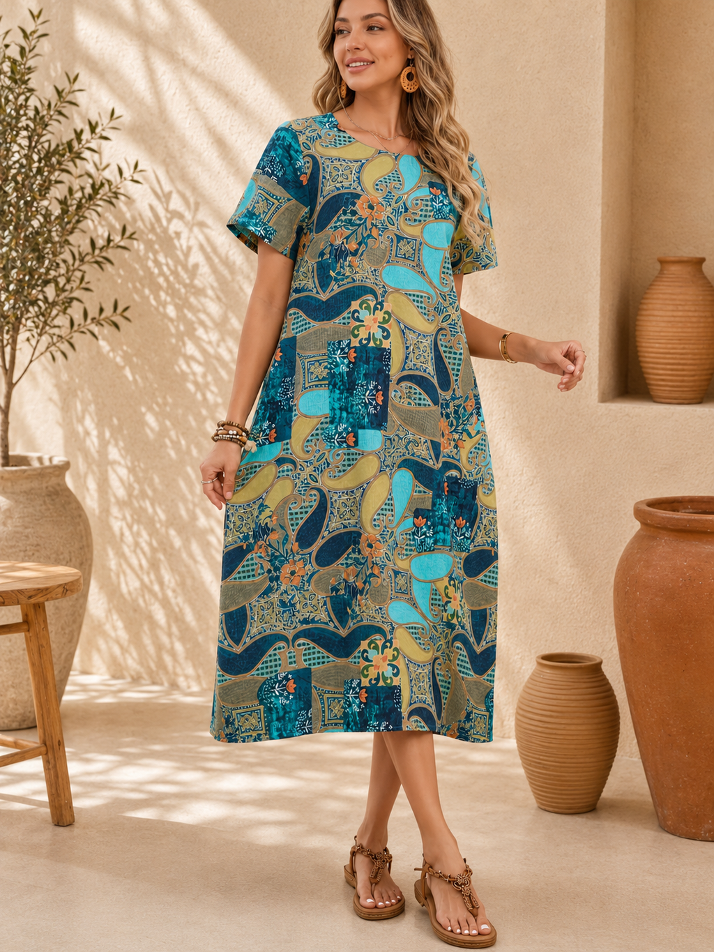 Robe ample, élégante et confortable à col rond avec poches
