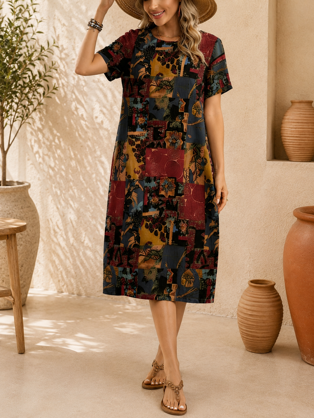Robe ample, élégante et confortable à col rond avec poches