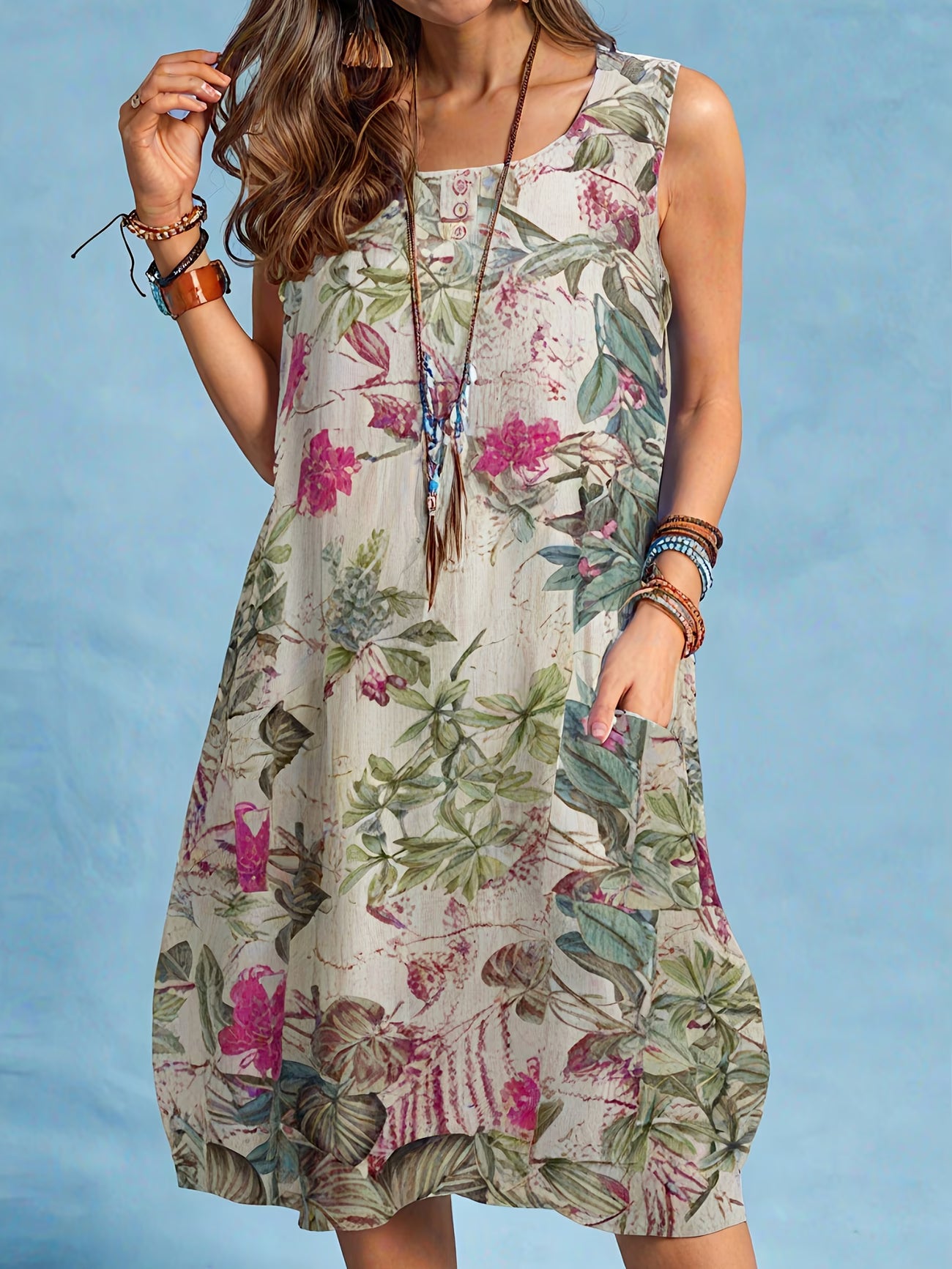 Robe décontractée sans manches, avec pochettes, boutonnage, taille midi